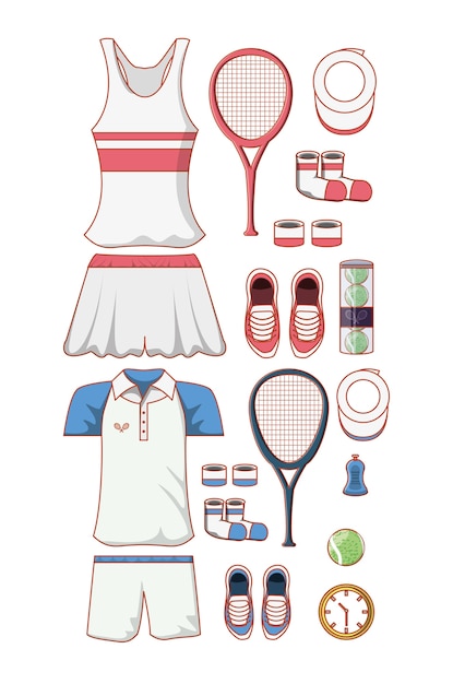 Vector equipo de deporte de tenis set iconos