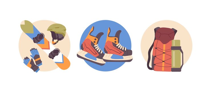 Vector equipo de deportes extremos de invierno y accesorios de viaje conjunto de composición redonda aislada ilustración vectorial de ropa y engranajes de patinaje botas de jugador de hockey calzado saco de dormir con termo