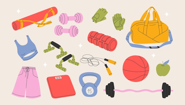 Equipo deportivo accesorio de gimnasio personas conjunto de atletas y yoga