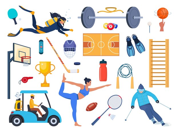 Equipo deportivo y conjunto de deportistas Varios tipos de actividades deportivas Entrenamiento de fuerza ciclismo yoga baloncesto buceo surf Ilustración vectorial