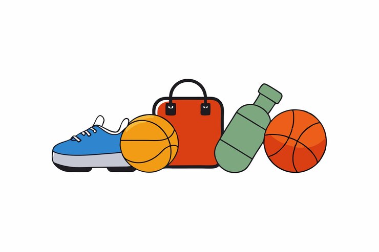 Vector equipo deportivo pelotas zapatillas y bolsas de gimnasia ilustración vectorial clipart de dibujos animados y arte de líneas