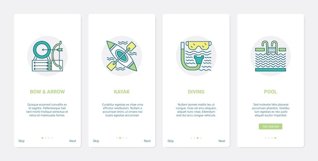 Equipo deportivo para símbolos de deportes extremos ux ui onboarding mobile app page screen set