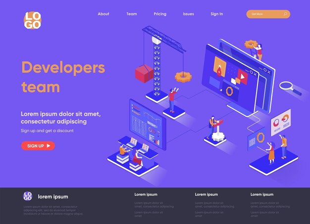 Equipo de desarrolladores ilustración de página de destino isométrica 3d con personajes de personas