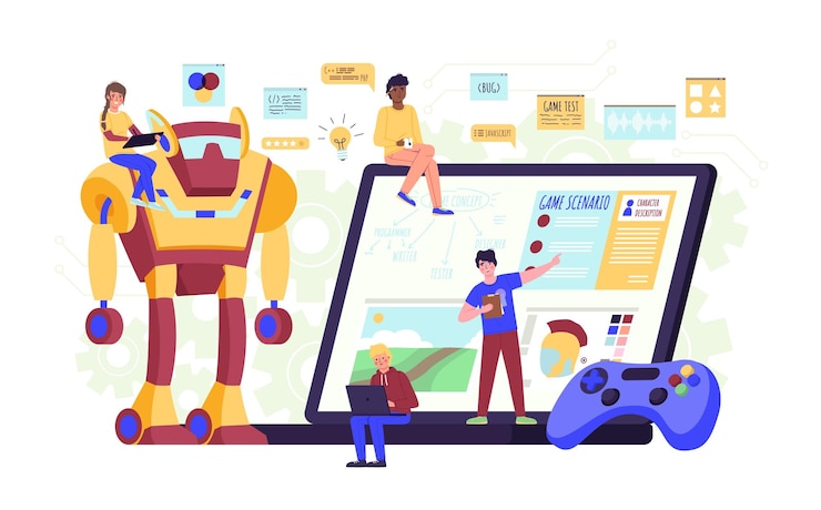 Vector equipo de desarrolladores de juegos personas trabajo en grupo proceso de producción de entretenimiento digital industria del juego empleado geek estilo de vida gente pequeña con un enorme robot y concepto aislado de vector portátil