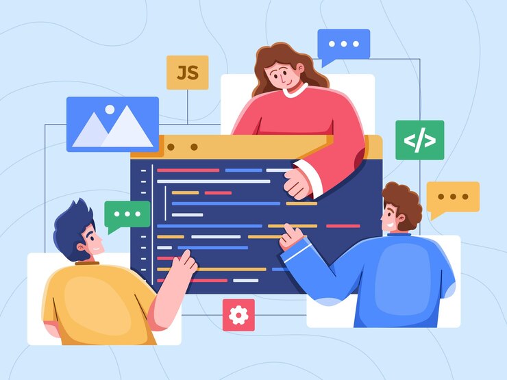 Vector equipo de desarrolladores trabajando juntos en un proyecto. proyecto de codificación de escritura de programador con equipo.