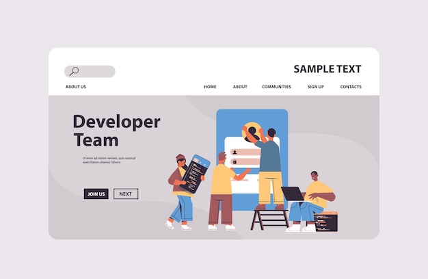 Equipo de desarrolladores web de carrera mixta creando código de programa desarrollo de aplicaciones concepto de programación de software espacio de copia