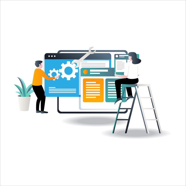 Vector el equipo de desarrolladores web que desarrolla aplicaciones.