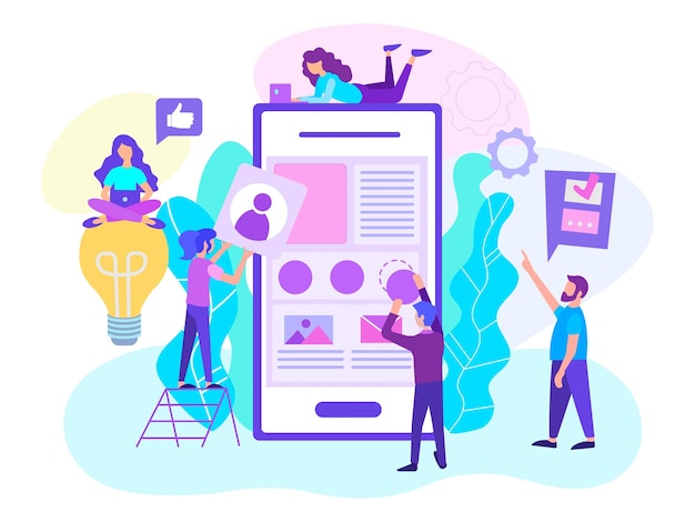 Equipo de desarrollo de aplicaciones que trabaja en la interfaz de aplicaciones móviles Ilustración vectorial