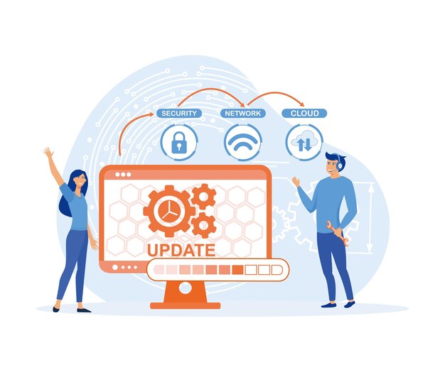 El equipo de desarrollo de aplicaciones y web garantiza que el sistema se actualice regularmente a lo largo del tiempo. Ilustración moderna de vector plano