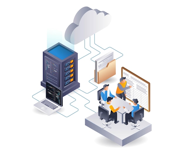 Equipo de desarrollo de sistemas de aplicaciones web de servidores de datos infográfico de ilustración 3D isométrica plana