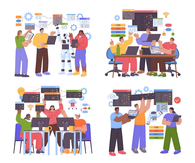 Vector equipo de desarrollo de software que colabora en proyectos de codificación