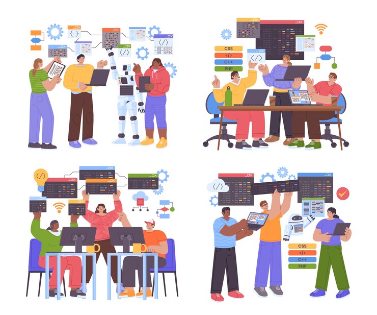 Vector equipo de desarrollo de software que colabora en proyectos de codificación