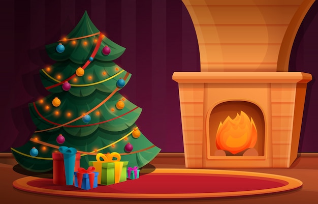 Equipo de dibujos animados con un árbol de navidad junto a la chimenea y regalos, ilustración vectorial