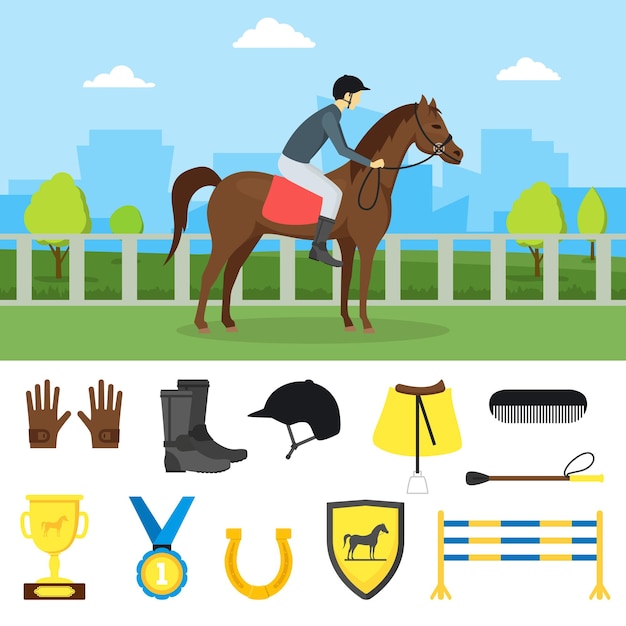 Equipo de dibujos animados Jockey y Vector de conjunto de elementos