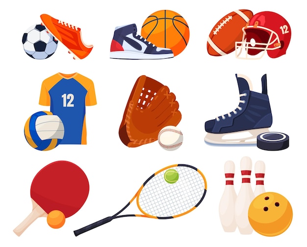 Equipo diestro en estilo de dibujos animados balones y zapatos para juegos deportivos competiciones deportivas colectivas ilustración vectorial