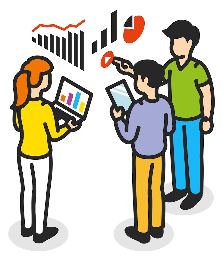 Vector equipo discutiendo estadísticas de datos icono de análisis de negocios isométrico aislado sobre fondo blanco