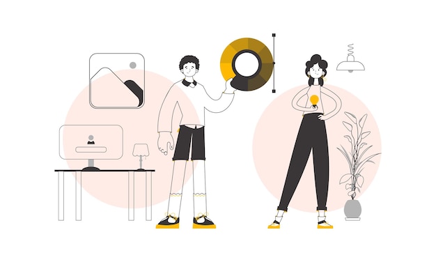 Equipo de diseñadores gráficos Vector de estilo lineal de moda