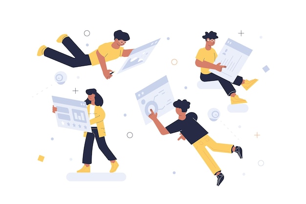 Equipo de diseñadores que trabajan juntos ilustración vectorial Desarrolladores que crean una nueva aplicación de sitio web Creadores que prueban la aplicación de Internet Concepto de tecnología moderna