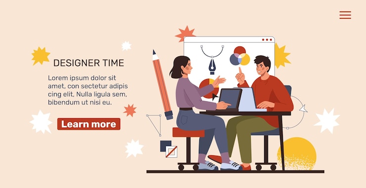 Vector equipo de diseño agencia gráfica creativa estudio web ilustrador digital personas que trabajan en el trabajo de interfaz de usuario oficina de diseñadores profesionales desarrollo informático banner de sitio web concepto ordenado vectorial
