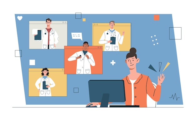Equipo diverso de expertos de médicos concepto Conferencia en línea o reunión remota por médico para discutir temas de atención médica y tratamiento de enfermedades Terapeutas se comunican Ilustración de vector plano de dibujos animados