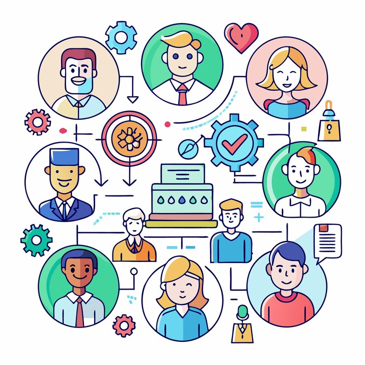 Vector equipo diverso de personas que trabajan juntas hacia un objetivo común
