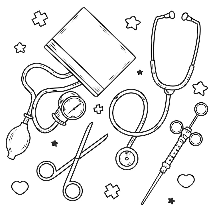 Vector equipo de doctor. ilustración de herramienta, aislado en blanco