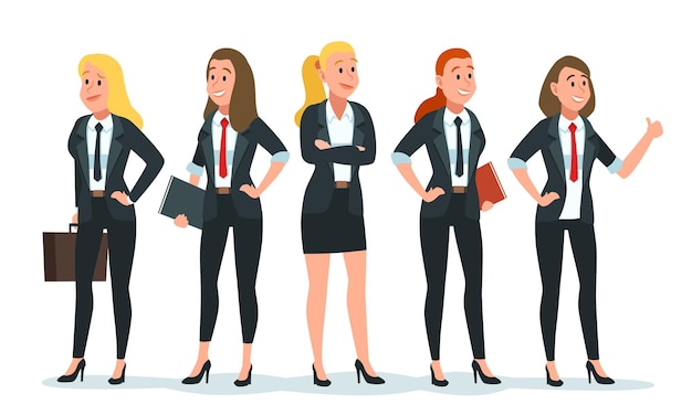 Equipo de empresaria. Grupo de trabajadoras de oficina en ropa formal con cuaderno y maletín. Reunión financiera de colegas para empleados. Ilustración de vector de ejecutivos exitosos