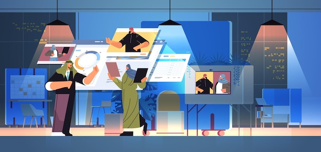 Equipo de empresarios árabes analizando datos estadísticos financieros con colegas durante la videollamada, comunicación en línea, trabajo en equipo, concepto, ilustración vectorial horizontal