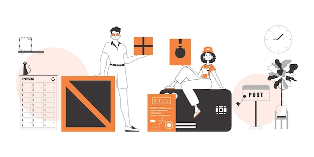 Equipo para la entrega de paquetes y carga Estilo Line art.