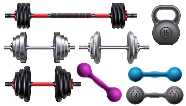 Conjunto De Diferentes Equipos Para Gimnasio. Accesorios De Estilo De Vida  Activo. Tema De Herramientas De Levantamiento De Pesas De Fitness O Gimnasio  En Estilo De Dibujos Animados. Entrenamiento, Culturismo Aislado Sobre