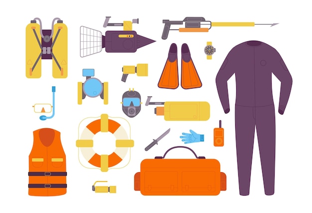 Equipo de equipo de buzo Buceo deporte profesión traje de neopreno máscara de buceo traje herramienta de natación aventura submarina tanque de oxígeno chaqueta de mar escafandra autónoma conjunto aislado espléndida ilustración vectorial