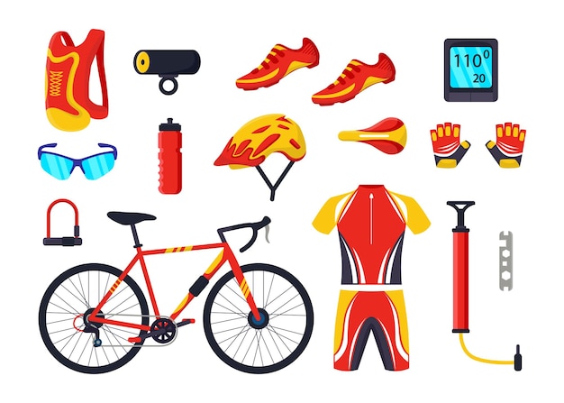 Equipo y equipo para ciclismo conjunto de ilustraciones vectoriales planas