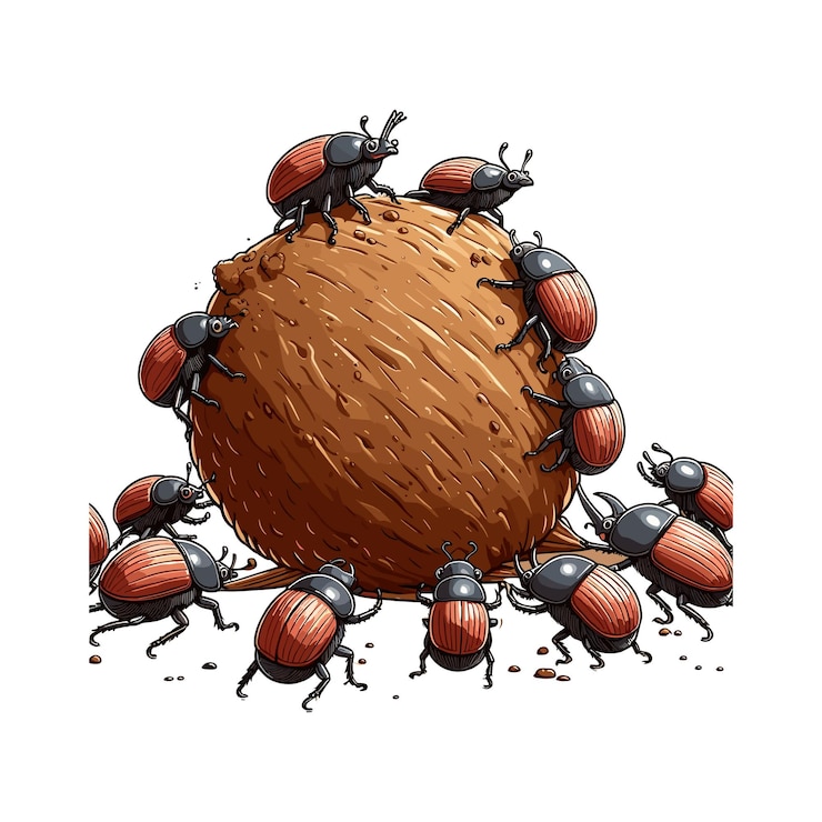 Vector equipo de escarabajos del estiércol trabajando juntos para rodar una bola gigante de estiércol