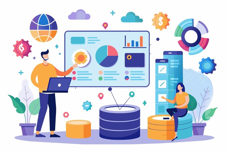 Vector un equipo estudia la visualización y el análisis de datos en una pantalla digital mientras está rodeado de gráficos analiza la base de datos con ilustraciones planas