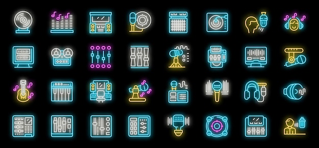 Equipo de estudio de música con íconos de neón brillantes, set vectorial, vinilo tocando en tocadiscos y ecualizador, sintetizador y DJ, consola, micrófono y auriculares, ilustración de dispositivo de grabación.