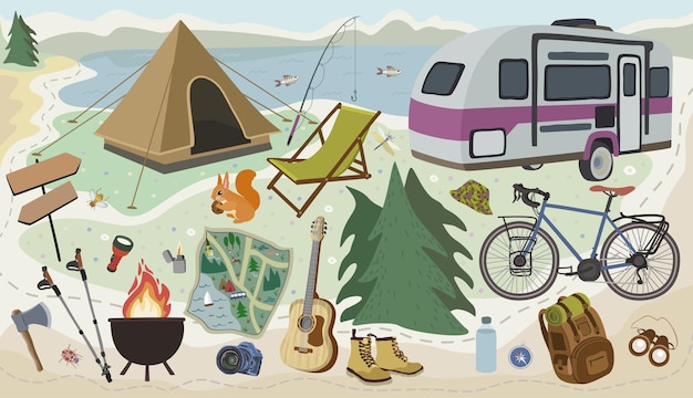 Equipo de excursiones Artículos de vacaciones de verano Concepto de turismo Colección de senderismo y acampada