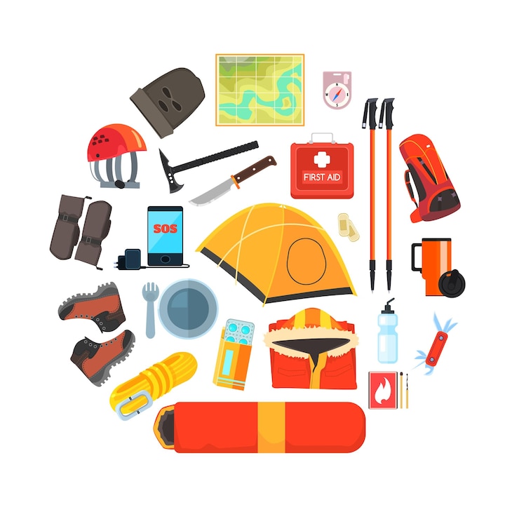 Vector equipo de expedición set de senderismo acampada y herramientas de montañismo turismo símbolos de expedición ilustración vectorial estilo plano