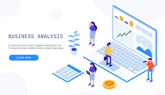 Equipo experto en análisis de datos, estadística empresarial, gestión, consultoría, marketing. Banner web isométrico para página de destino. Ilustración vectorial.