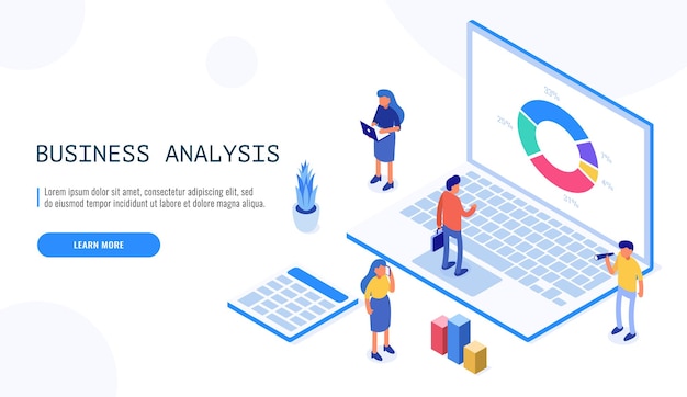 Equipo de expertos isométricos para análisis de datos, estadística empresarial, gestión, consultoría, marketing. Concepto de plantilla de página de destino.