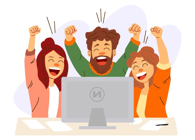 Vector equipo feliz celebrando el éxito juntos plantilla de ilustración plana