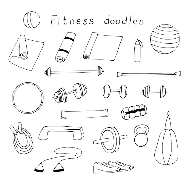 Equipo de fitness en casa establece ilustración vectorial, garabatos de dibujo a mano