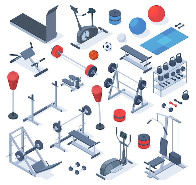 Equipo de fitness de gimnasio isométrico y máquinas de ejercicio Equipo de fitness pesas mancuernas y juego de ilustración de vector de pelota Accesorios atléticos para gimnasio
