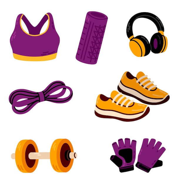 Equipo de fitness con sostén deportivo guantes para saltar cuerda pesas botella de agua estera de yoga y zapatillas de deporte