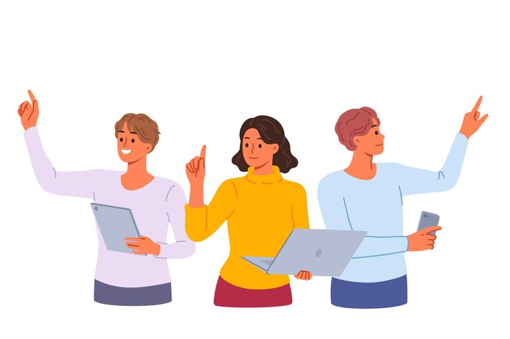 Vector equipo de freelancers con gadgets trabajando juntos en un proyecto extendiendo las manos a pantallas virtuales