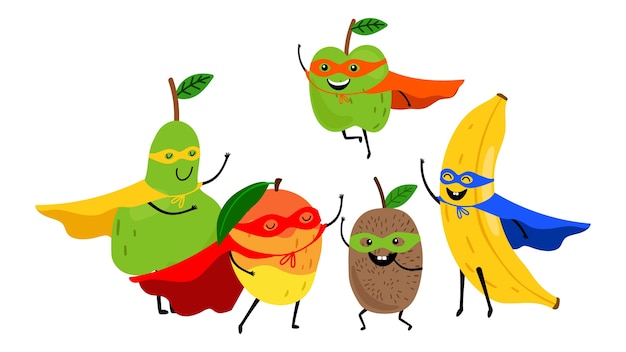 Equipo de frutas de superhéroe. superhéroes de frutas de dibujos animados lindo aislados en blanco