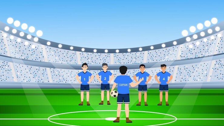 equipo de fútbol en un patio de recreo junto con el capitán y cuatro jugadores