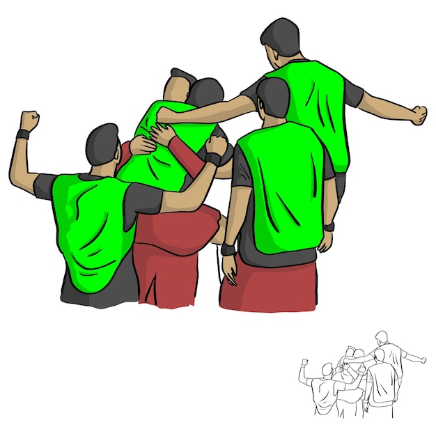 Vector equipo de futbolistas masculinos felices después de la meta ilustración vectorial boceto garabato dibujado a mano