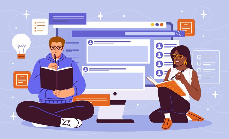 Vector equipo de gerentes de contenido hombre y mujer se sienta cerca del sitio web con páginas creativas personas con ideas de contenido