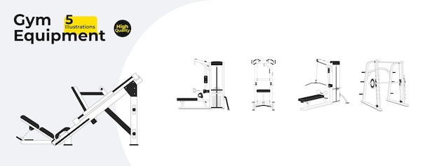 Equipo de gimnasio de entrenamiento negro y blanco línea 2D objetos de dibujos animados paquete fila de cable sentado pullup power rack máquinas de prensa de piernas elementos de contorno vectorial aislados conjunto de ilustración de puntos planos monocromáticos