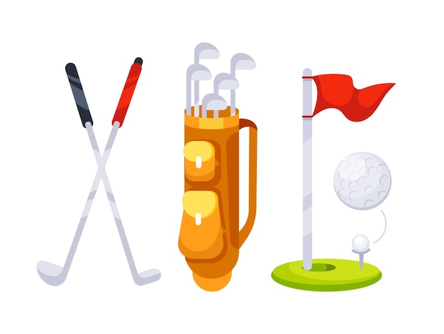 Equipo de golf con palos de bolsa y bandera con pelota para jugar al golf en el campo